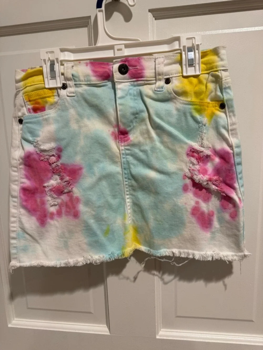 Tie-Dye Distressed Denim Skirt - Pink, Blue‎ & Yellow